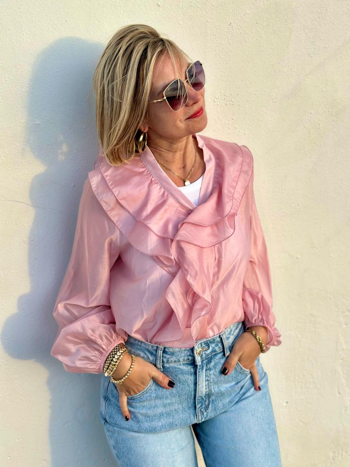 Elegante Volantbluse mit zarter Transparenz in Rosé