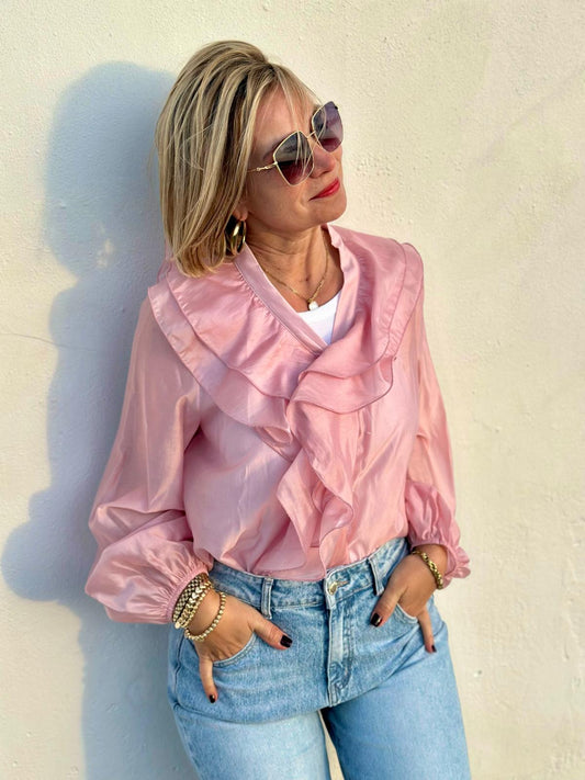 Elegante Volantbluse mit zarter Transparenz in Rosé