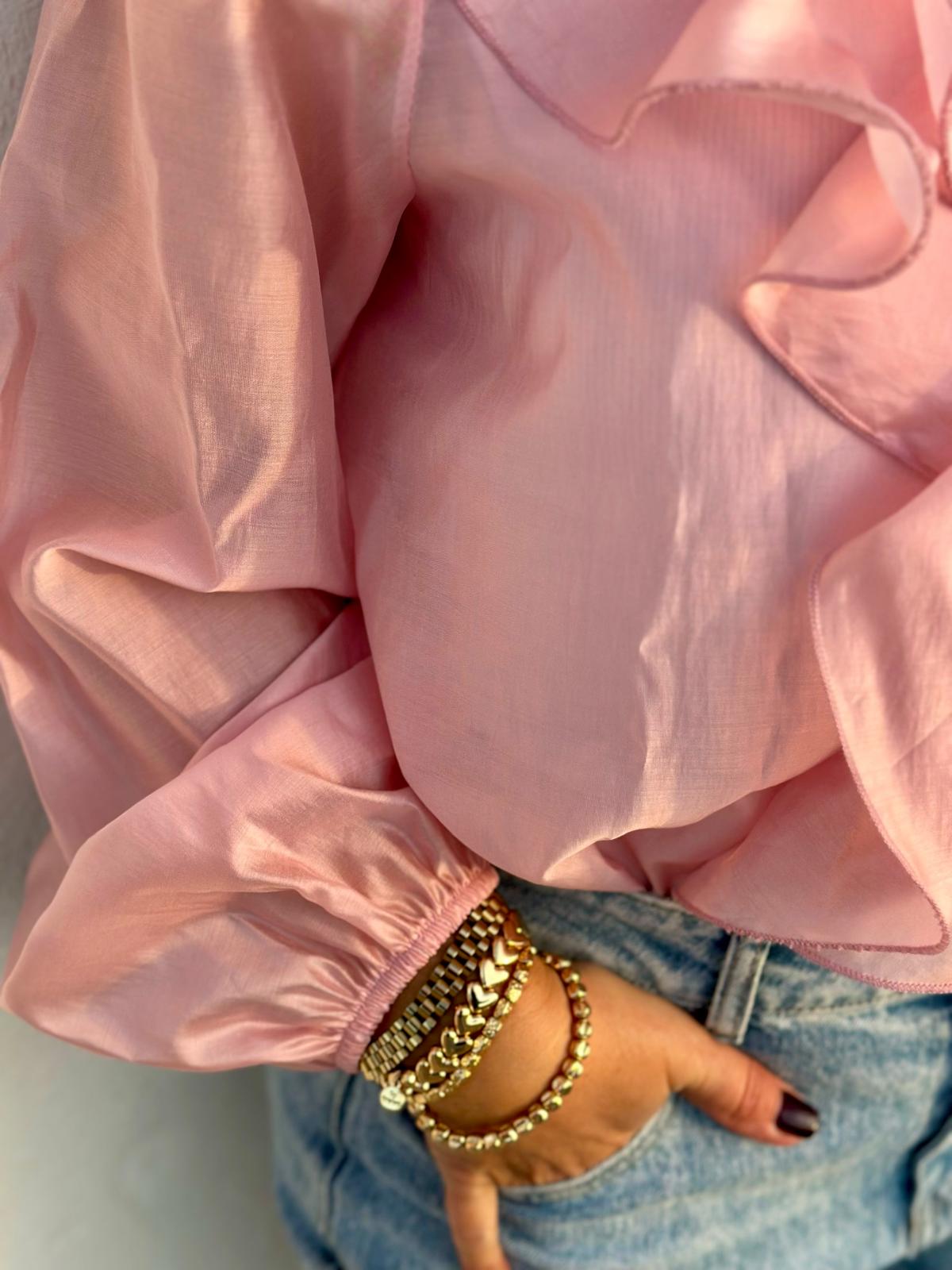 Elegante Volantbluse mit zarter Transparenz in Rosé