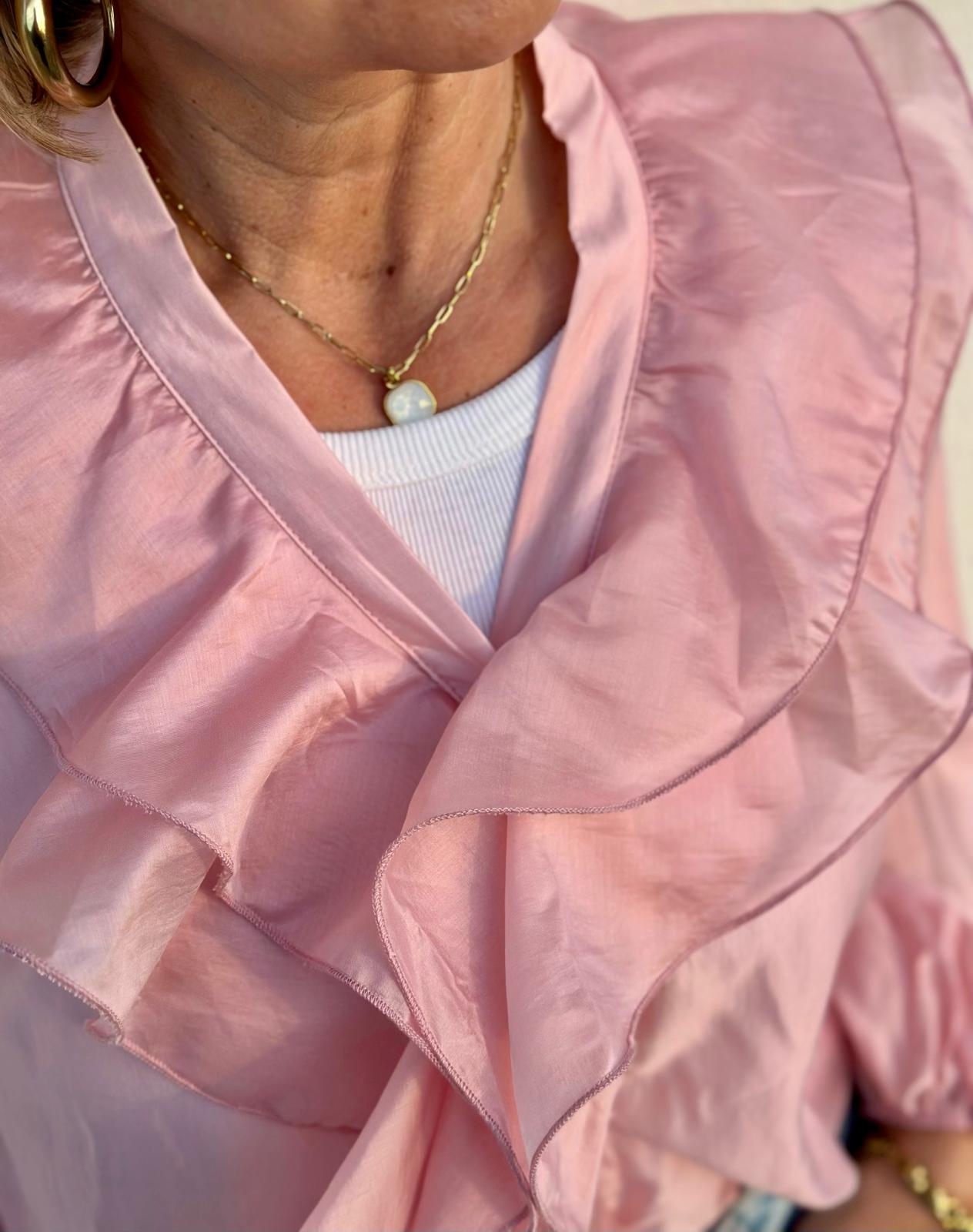 Elegante Volantbluse mit zarter Transparenz in Rosé