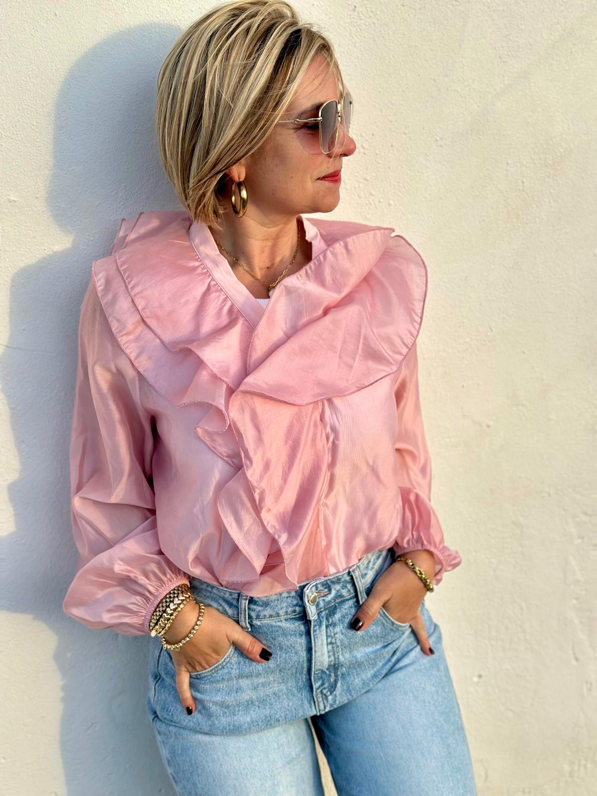 Elegante Volantbluse mit zarter Transparenz in Rosé
