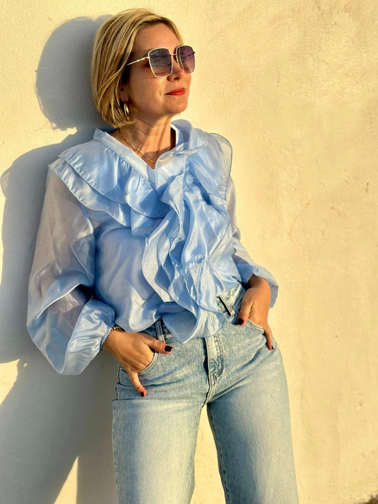 Elegante Volantbluse mit zarter Transparenz in Ocean