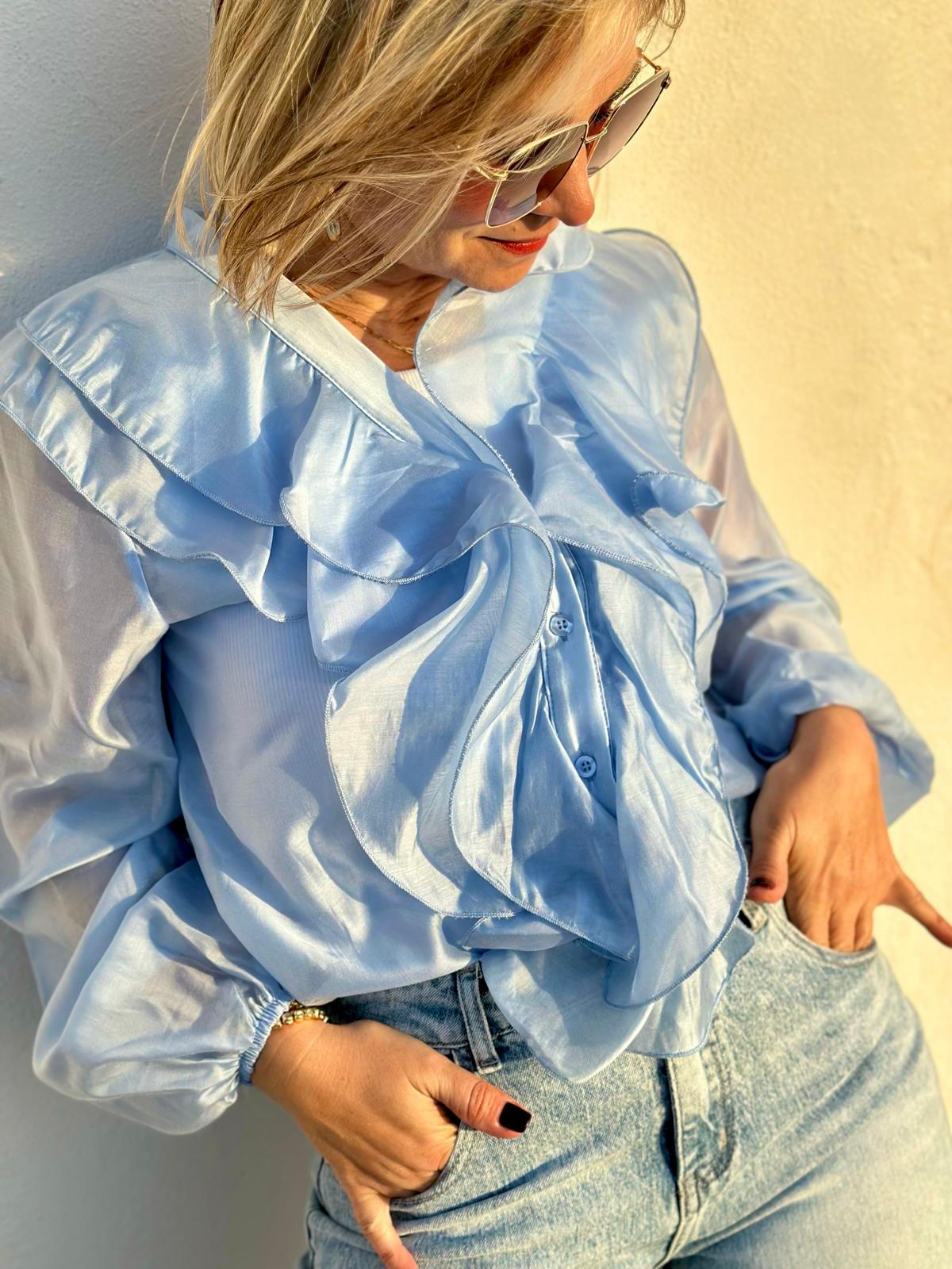 Elegante Volantbluse mit zarter Transparenz in Ocean