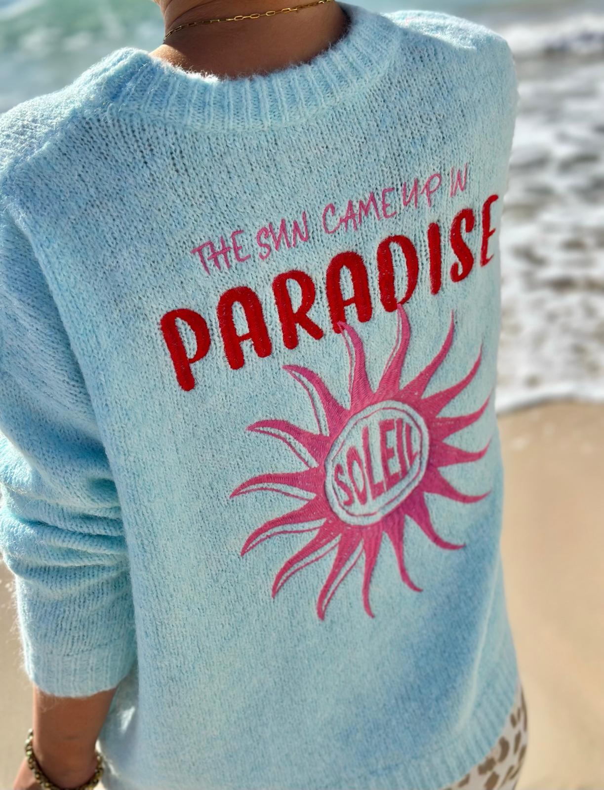 Strickpullover „Sun in Paradise“ – Sommerlicher Statement-Knit in Hellblau
