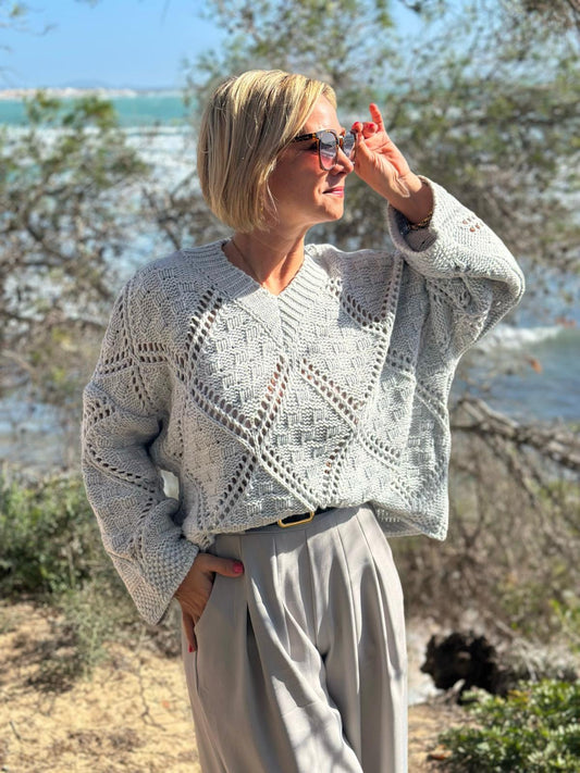 Strickpullover mit Ajourmuster – Soft Grey