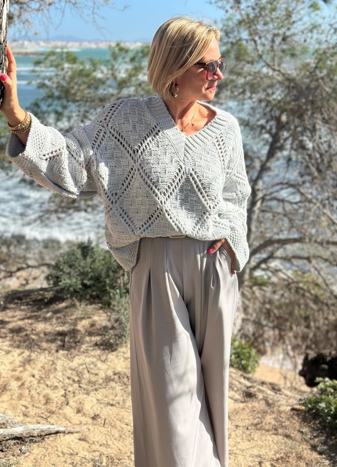 Strickpullover mit Ajourmuster – Soft Grey