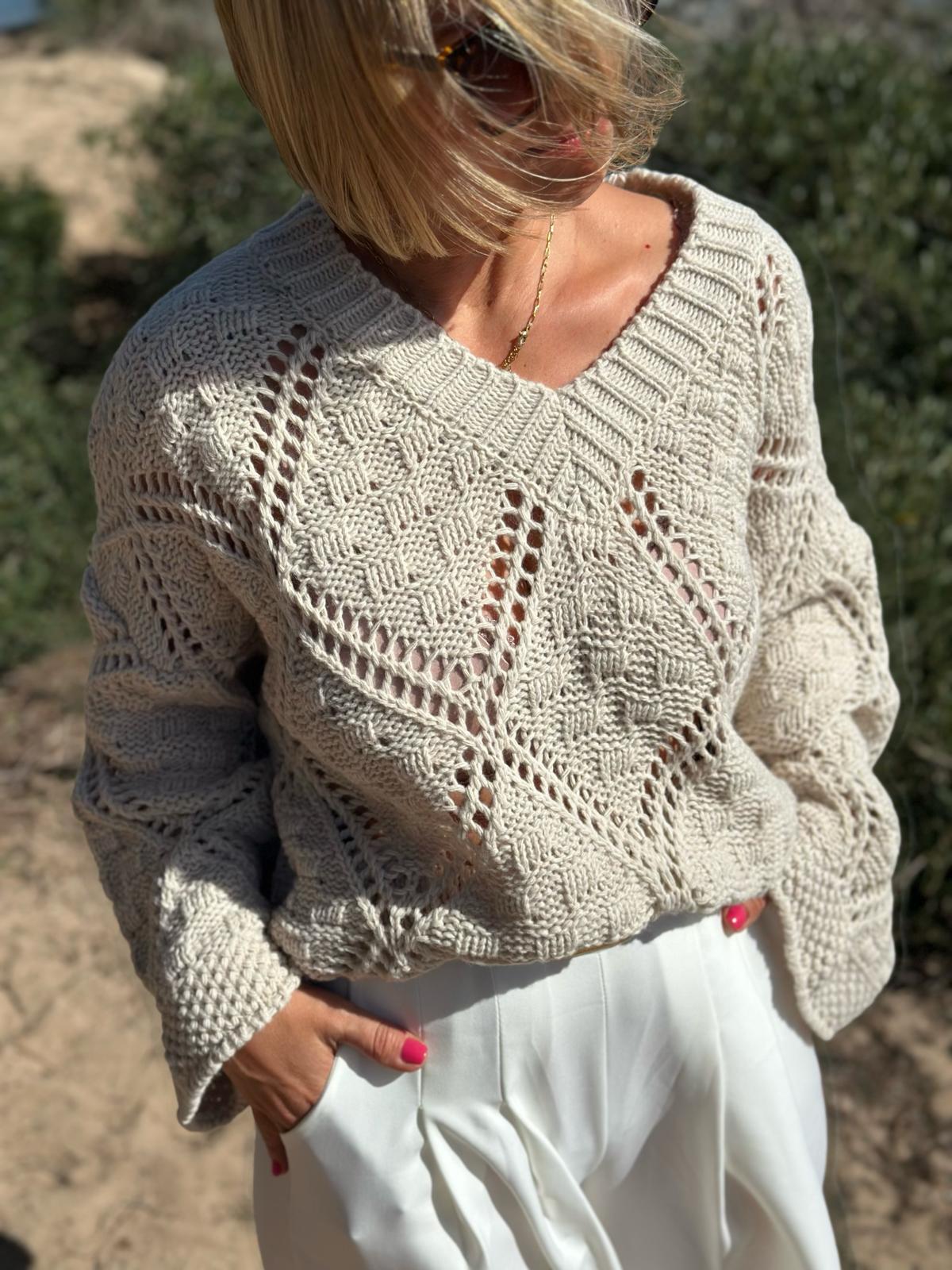 Strickpullover mit Ajourmuster – Soft Beige