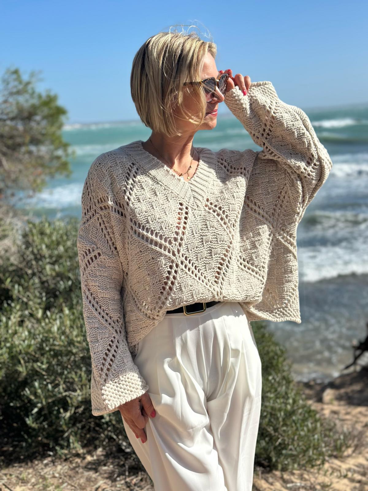 Strickpullover mit Ajourmuster – Soft Beige