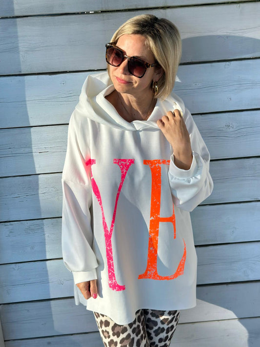 Oversize Hoodie „YEAH“ mit Front- & Backprint in Weiss