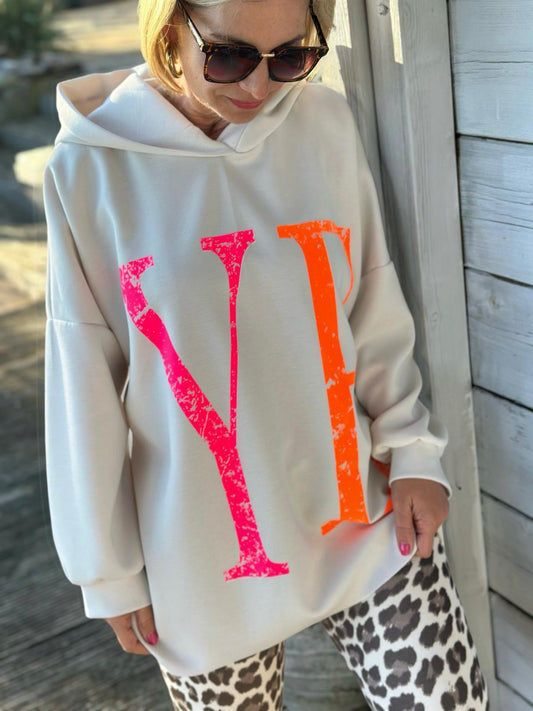 Oversize Hoodie „YEAH“ mit Front- & Backprint in Beige