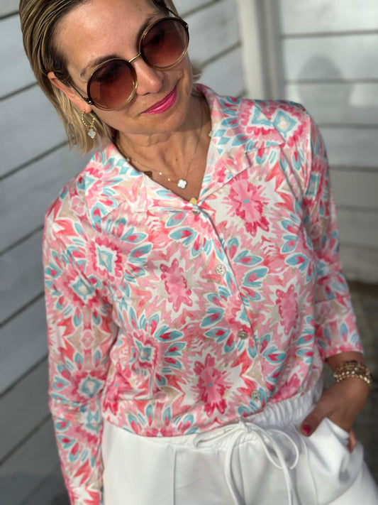 Bluse ‚Pink Riviera‘ – leichte Frühlingsbluse mit Ornament-Print