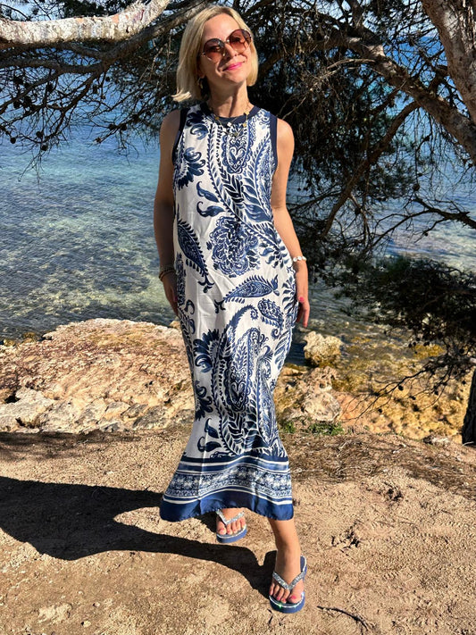 Maxikleid „Ocean Paisley“ - Weiss & Azure