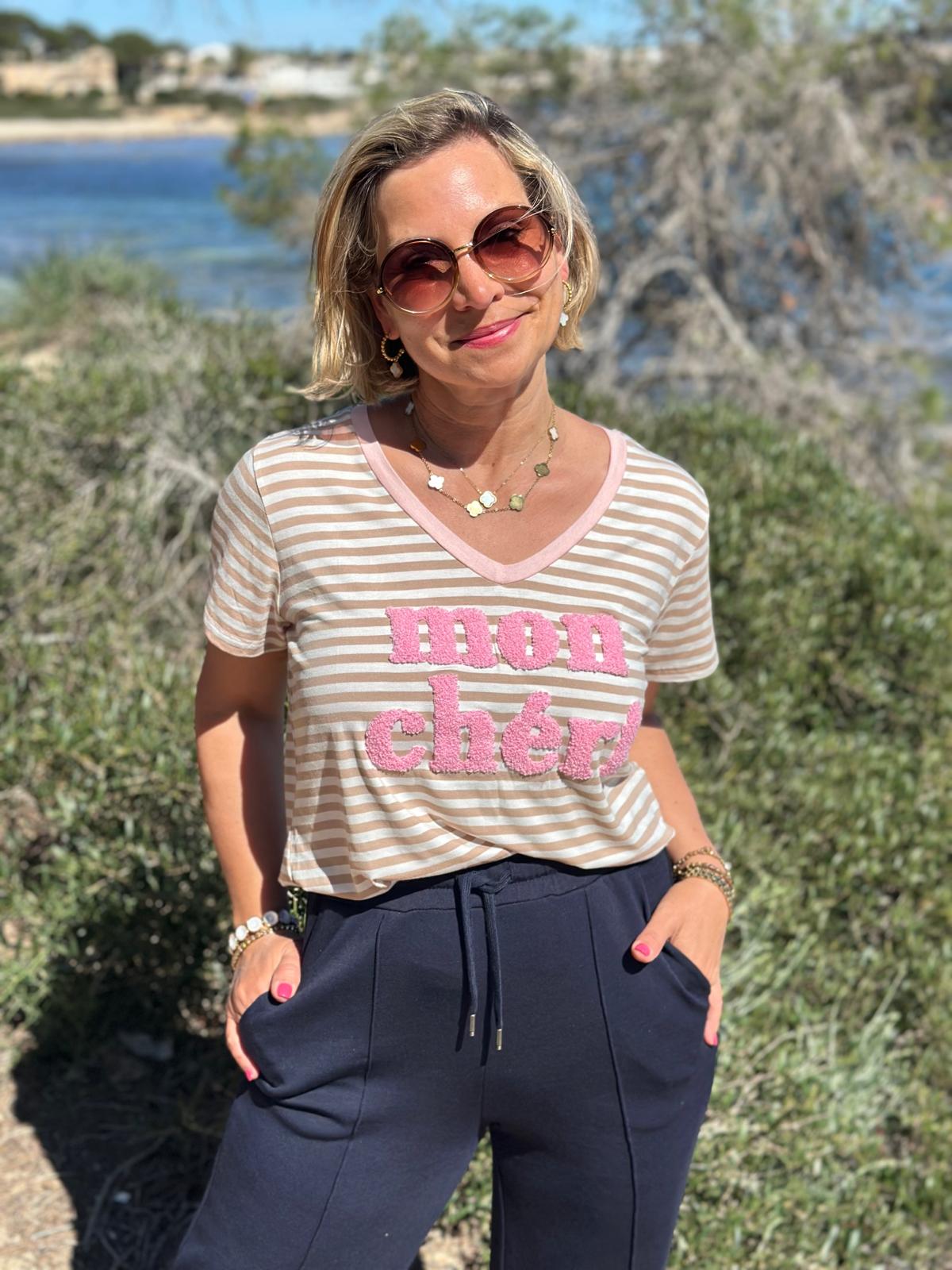 Streifenliebe „Mon Chéri“ Shirt – Beige & Rosé