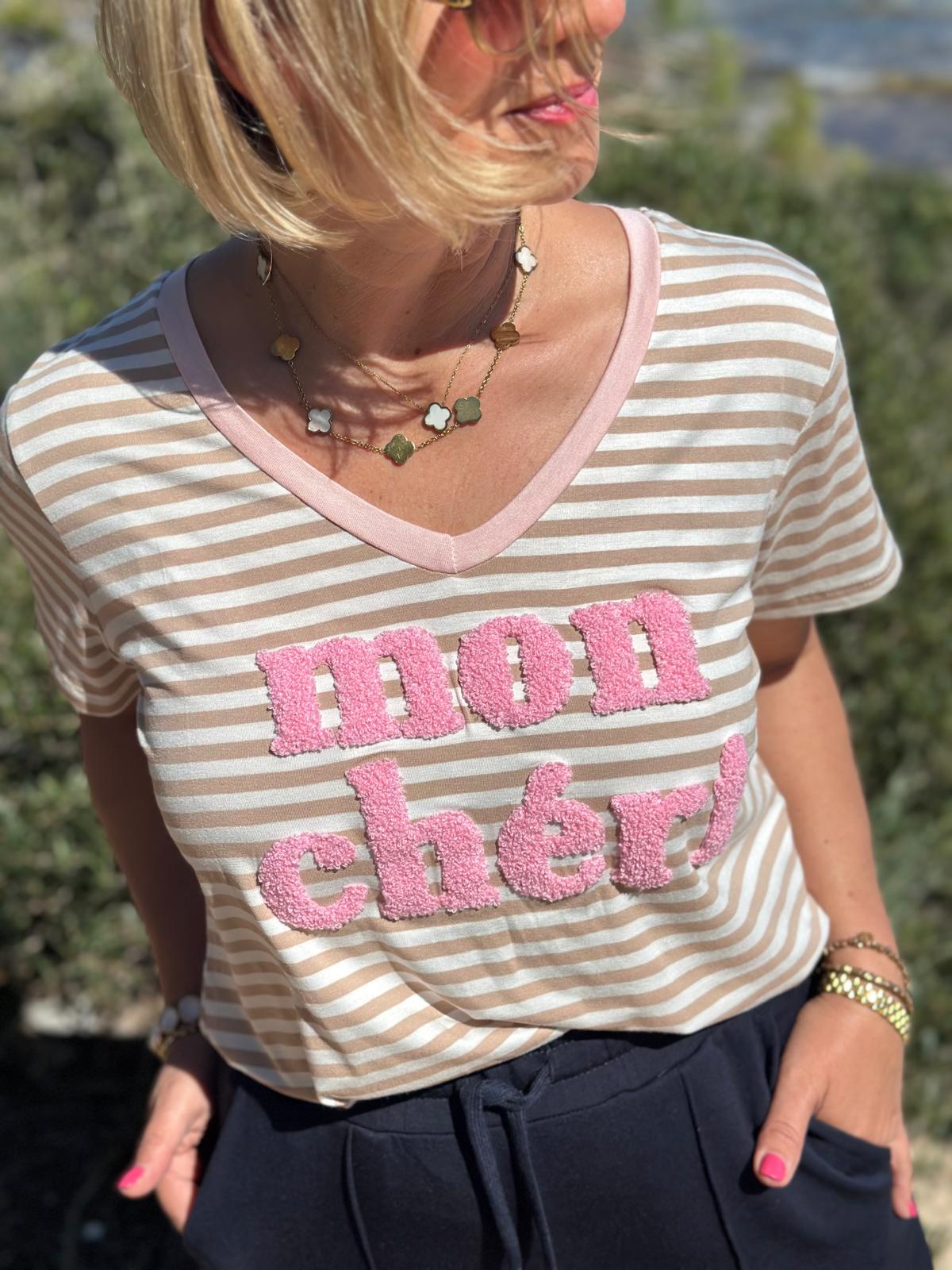 Streifenliebe „Mon Chéri“ Shirt – Beige & Rosé