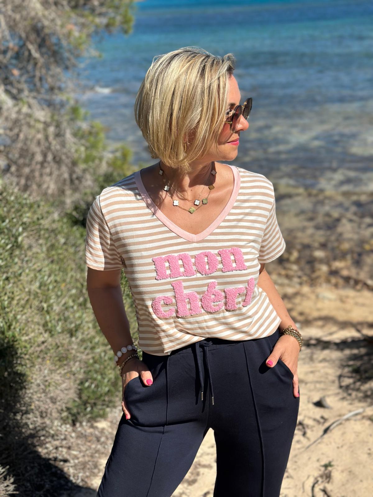Streifenliebe „Mon Chéri“ Shirt – Beige & Rosé