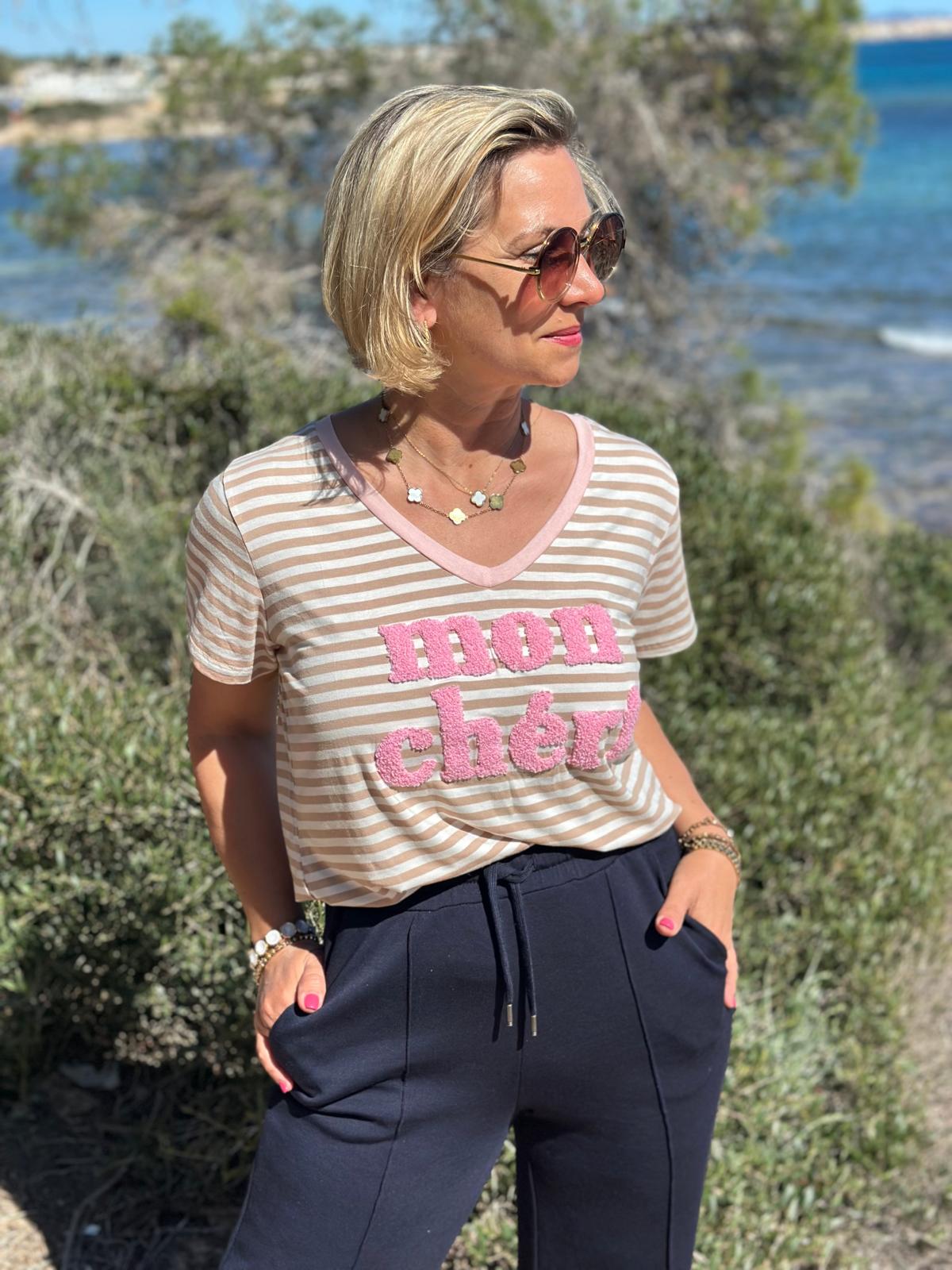 Streifenliebe „Mon Chéri“ Shirt – Beige & Rosé