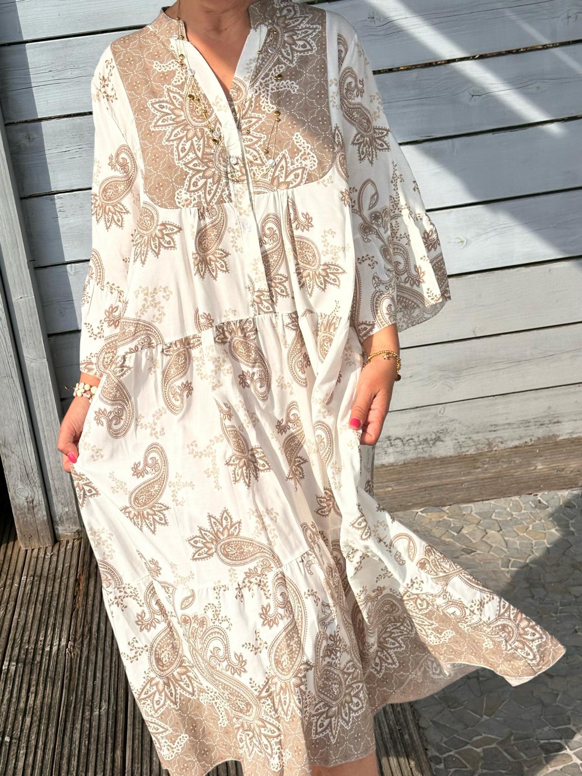 Boho Harmony Kleid – Beige Paisley Dream