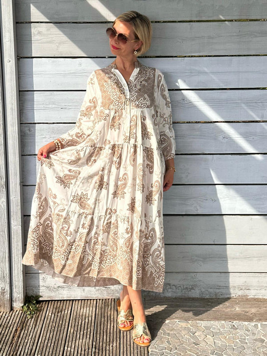 Boho Harmony Kleid – Beige Paisley Dream