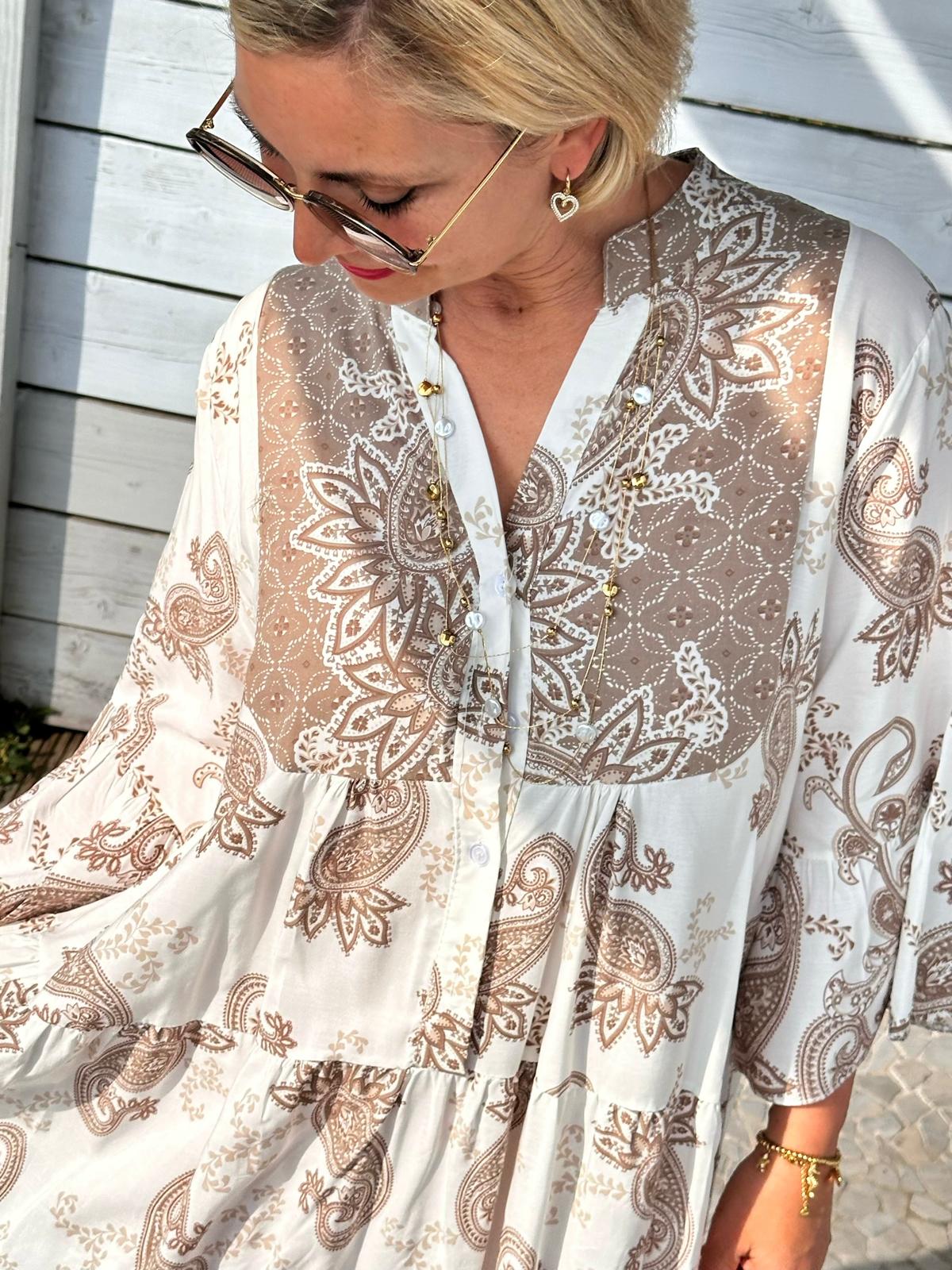 Boho Harmony Kleid – Beige Paisley Dream
