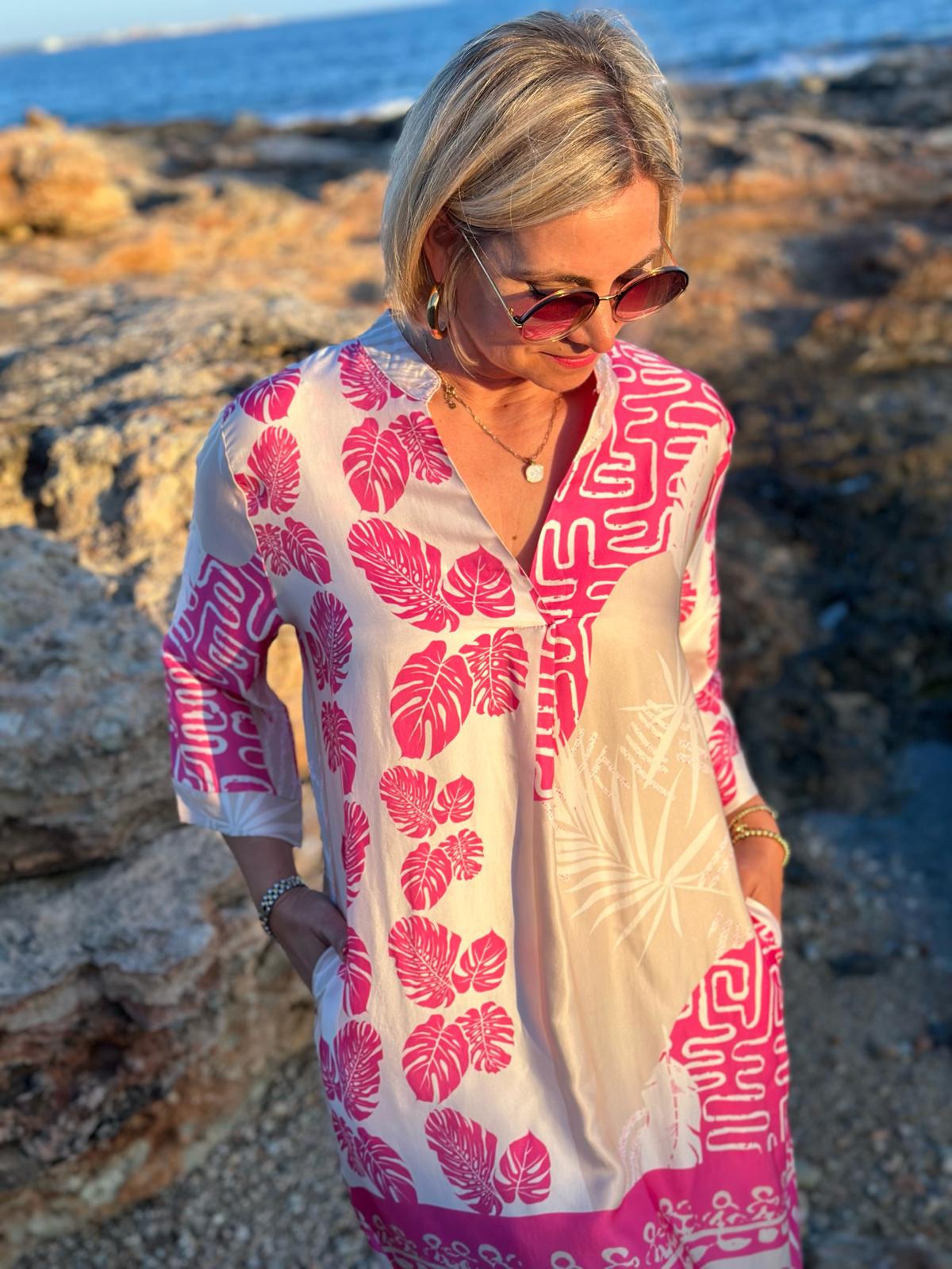 Sonnenkleid "Valentina" mit Print & Taschen - Rosé