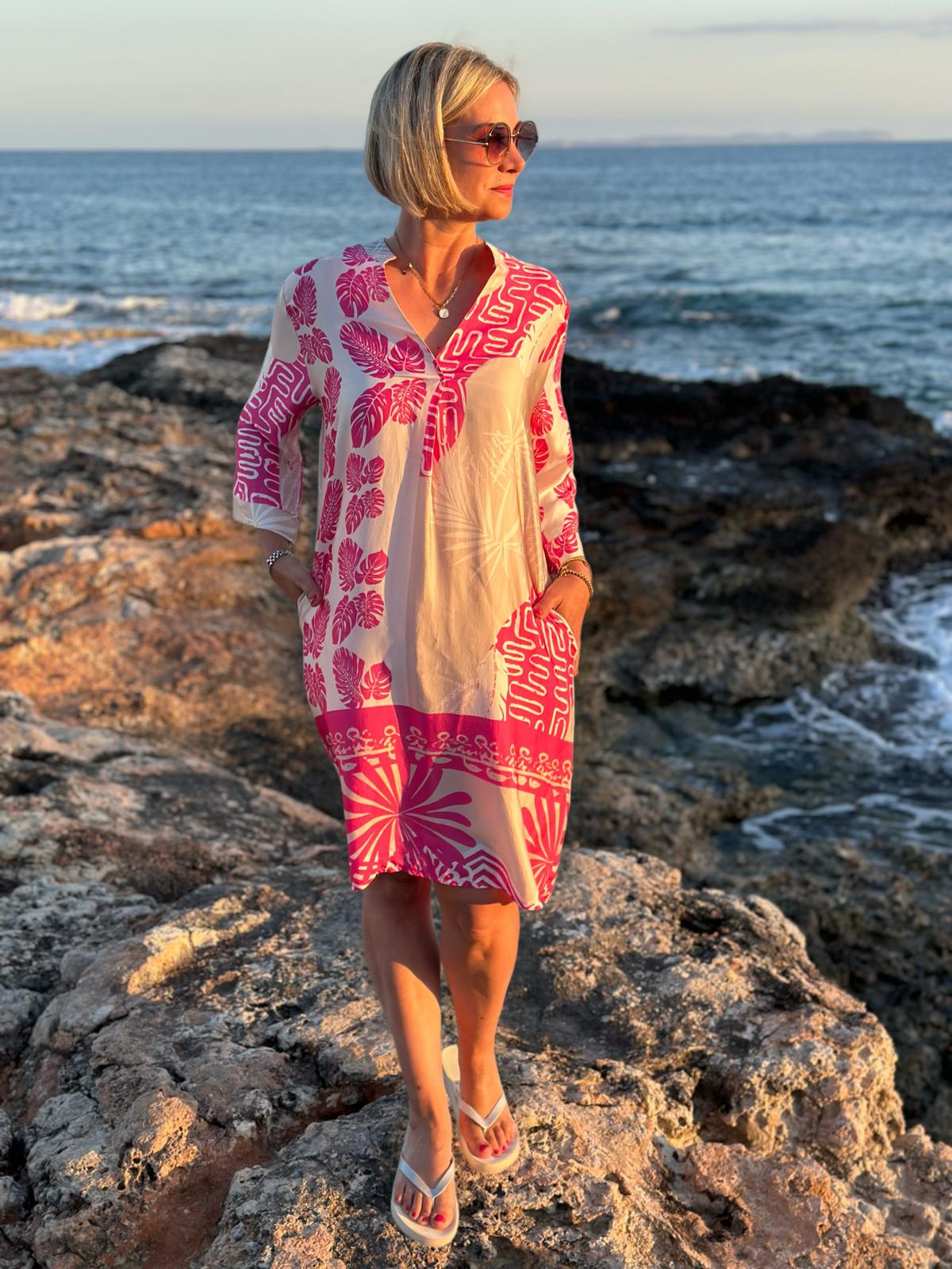 Sonnenkleid "Valentina" mit Print & Taschen - Rosé