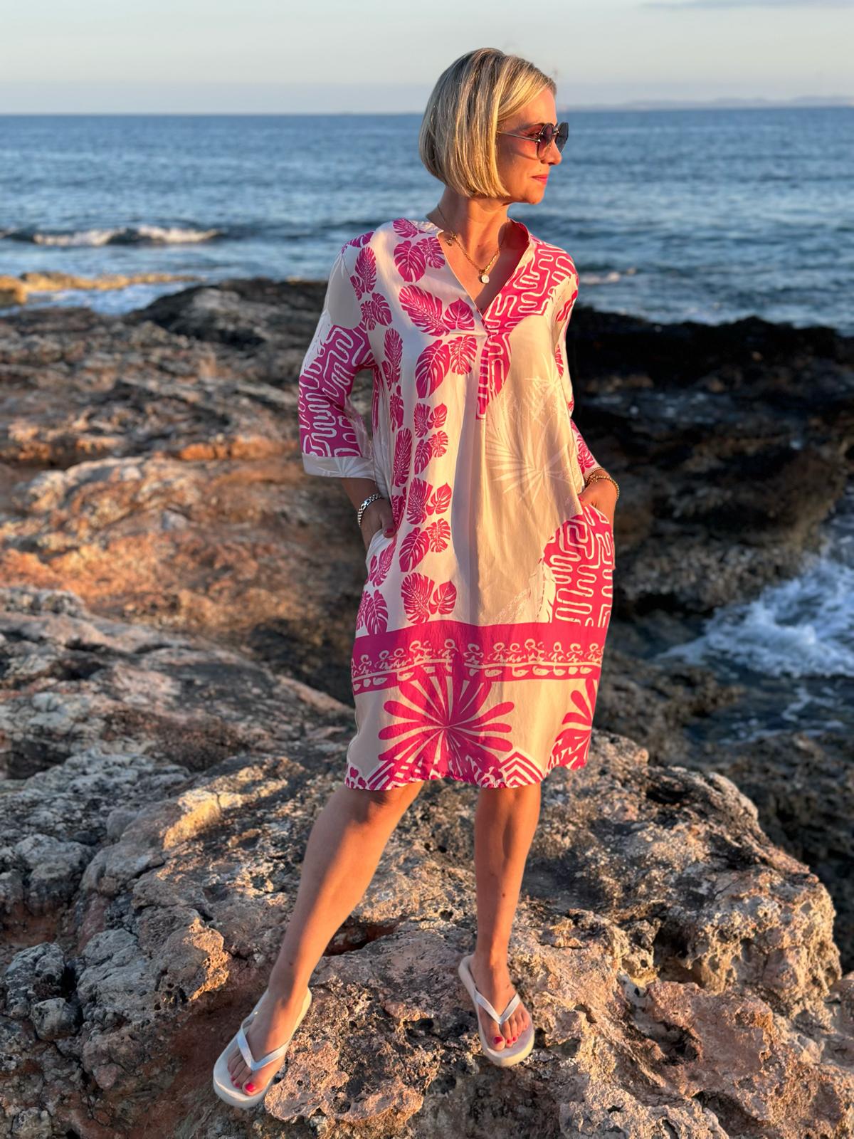 Sonnenkleid "Valentina" mit Print & Taschen - Rosé