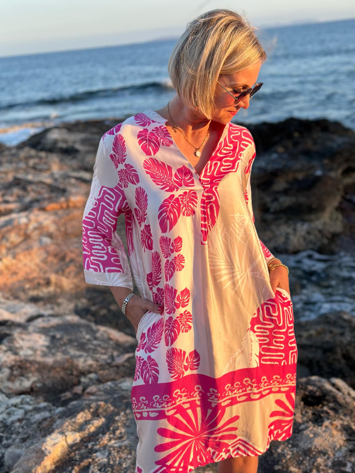 Sonnenkleid "Valentina" mit Print & Taschen - Rosé
