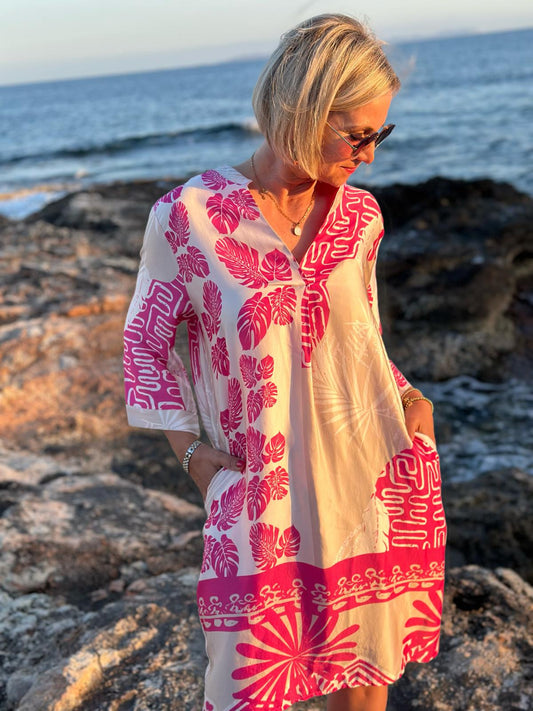 Sonnenkleid "Valentina" mit Print & Taschen - Rosé