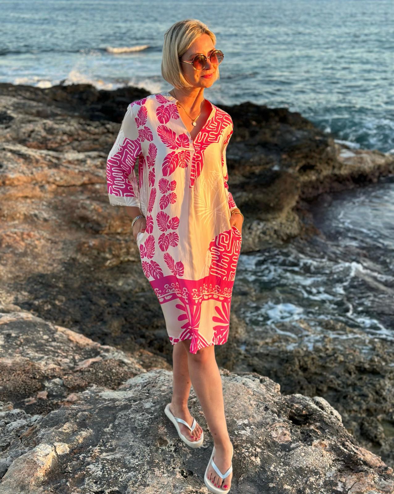 Sonnenkleid "Valentina" mit Print & Taschen - Rosé