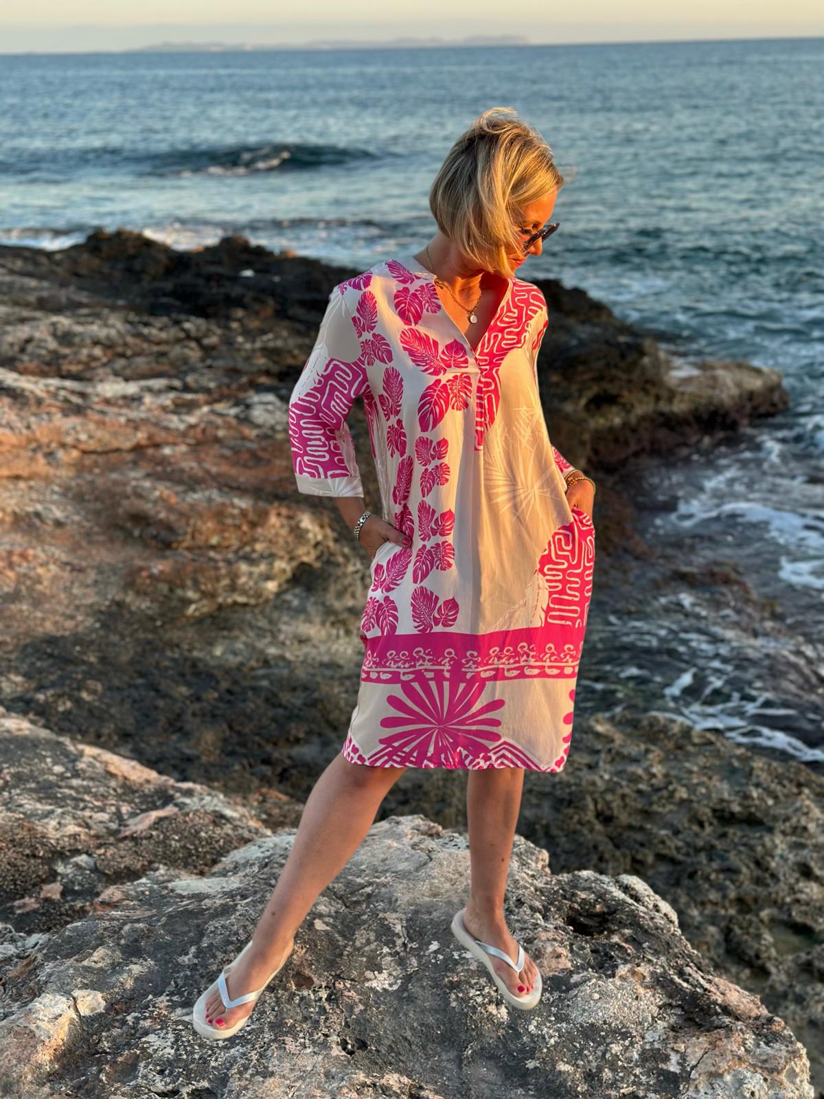 Sonnenkleid "Valentina" mit Print & Taschen - Rosé