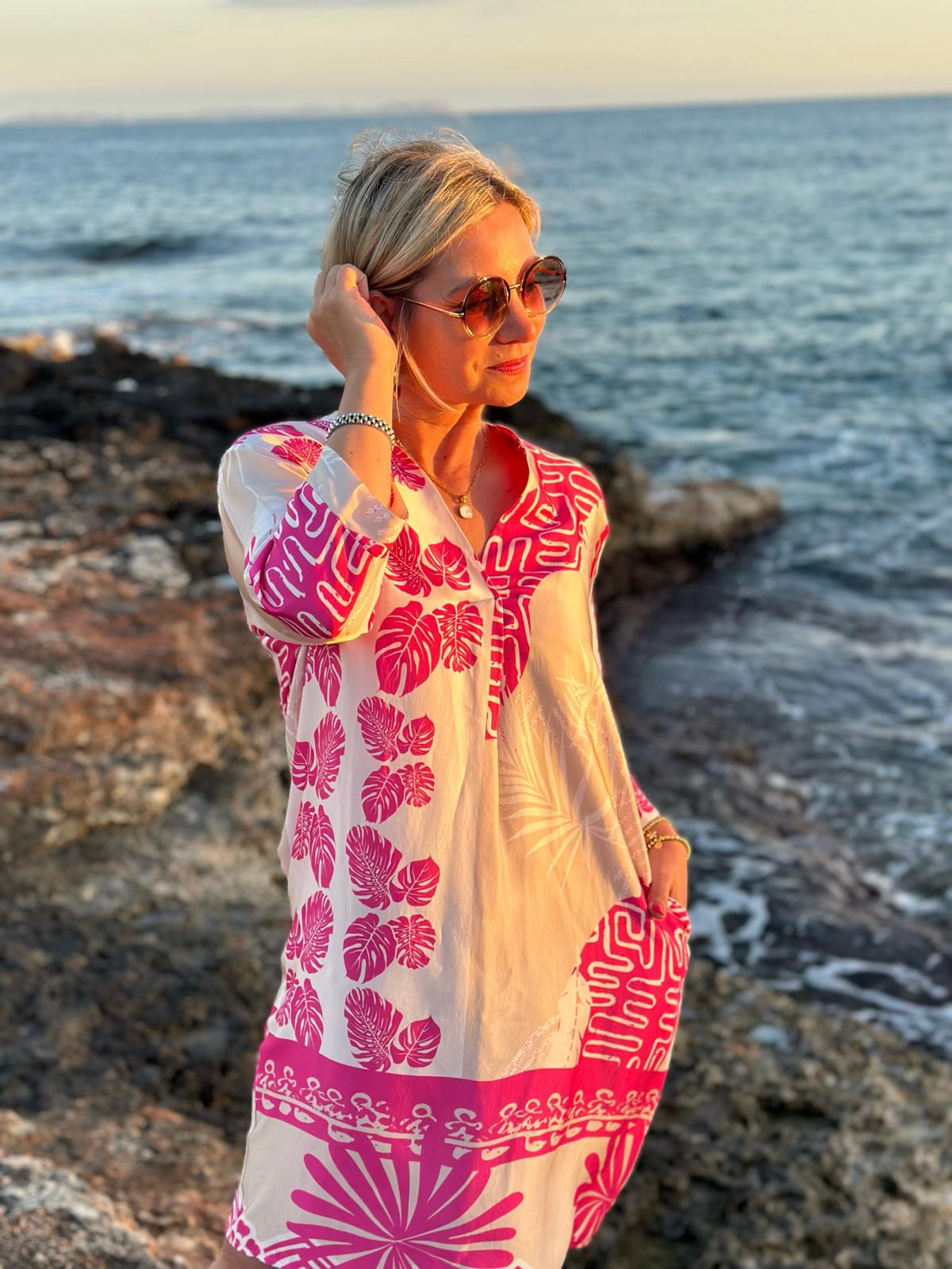 Sonnenkleid "Valentina" mit Print & Taschen - Rosé