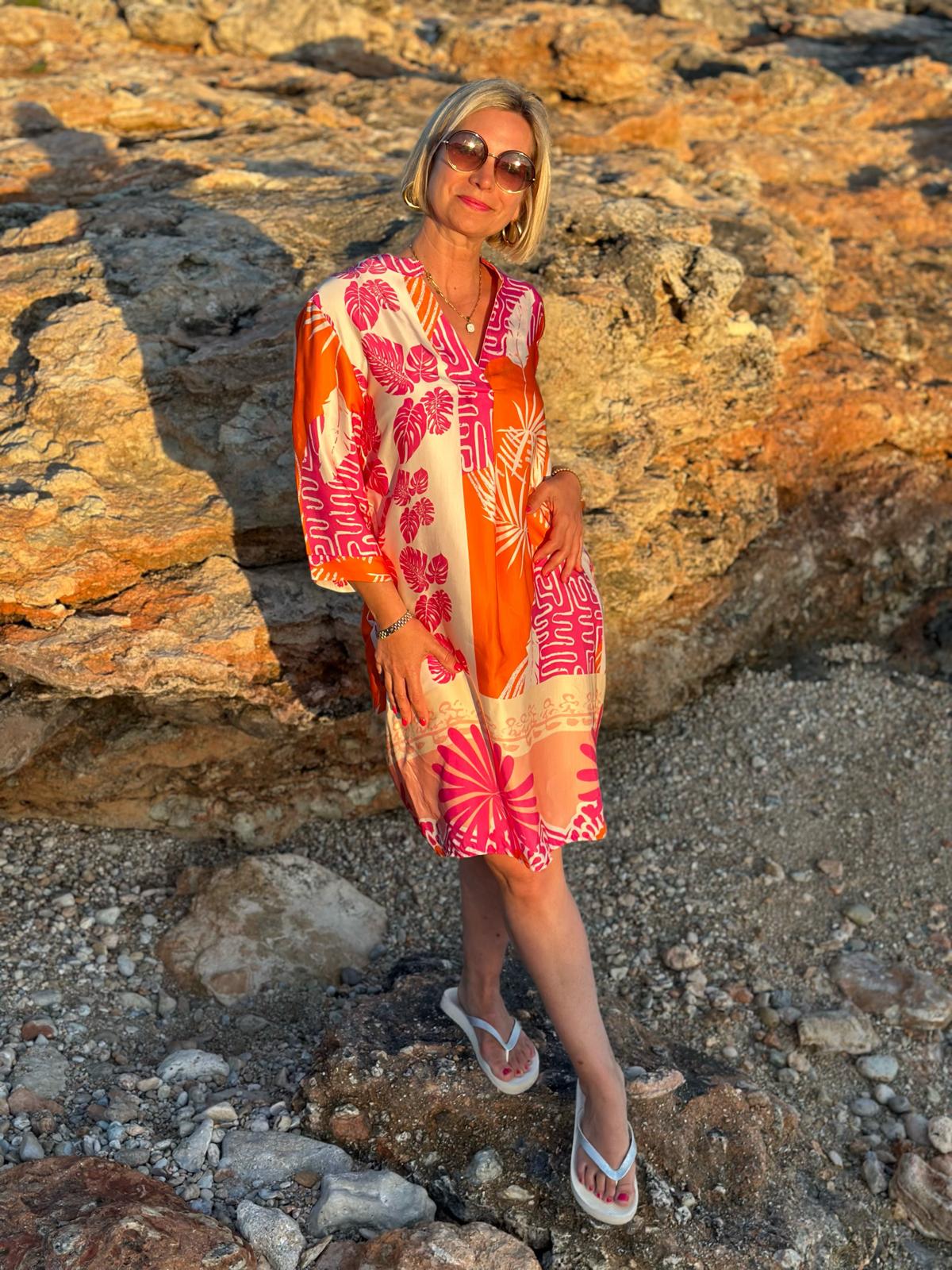 Sonnenkleid "Valentina" mit Print & Taschen - Sunset