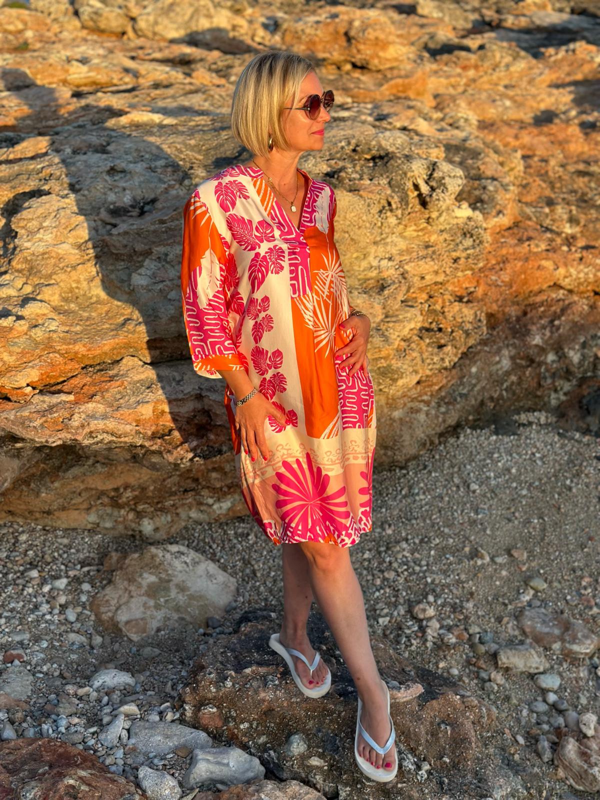 Sonnenkleid "Valentina" mit Print & Taschen - Sunset