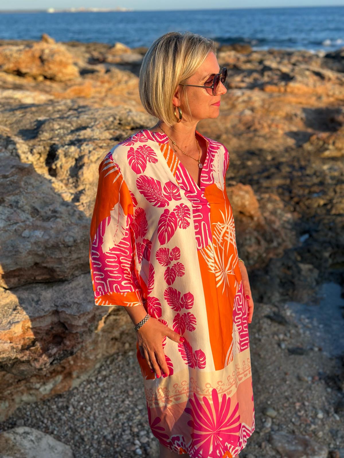 Sonnenkleid "Valentina" mit Print & Taschen - Sunset