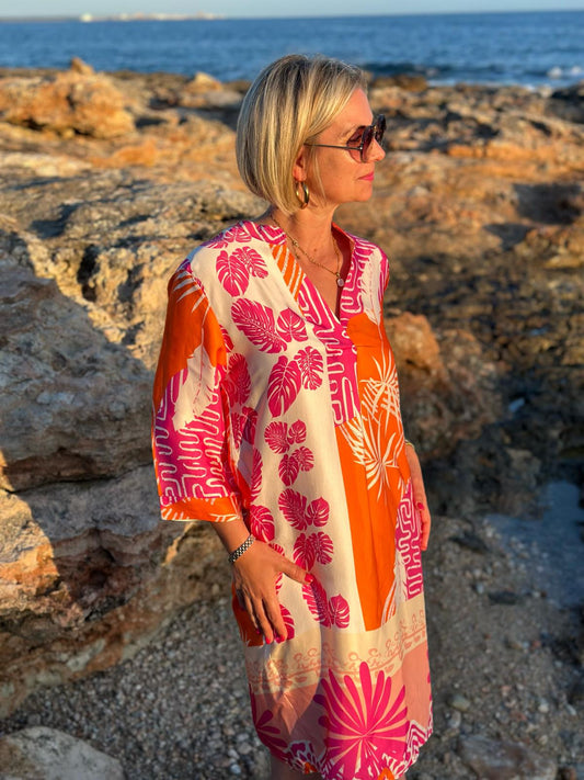 Sonnenkleid "Valentina" mit Print & Taschen - Sunset