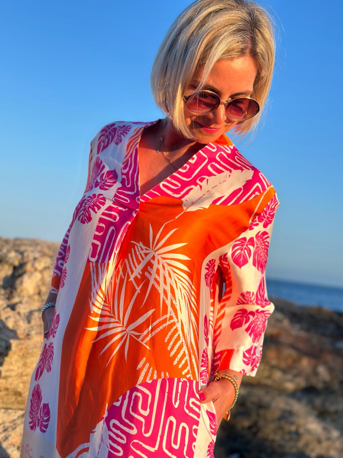 Sonnenkleid "Valentina" mit Print & Taschen - Sunset