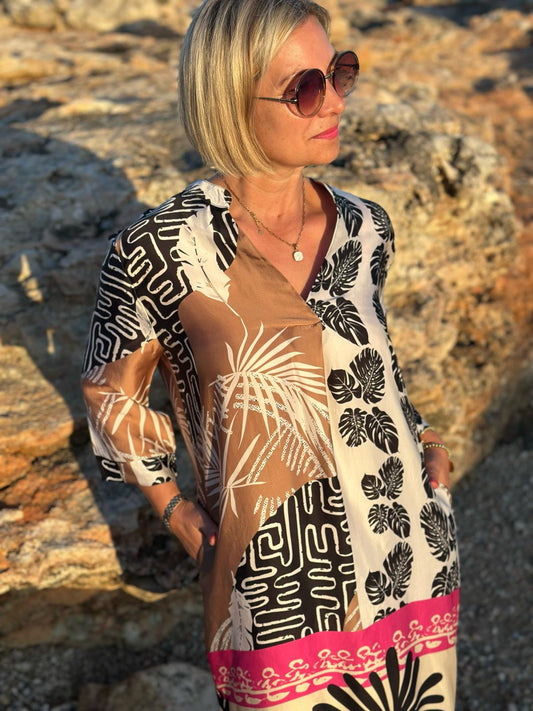 Sonnenkleid "Valentina" mit Print & Taschen - Black Palms