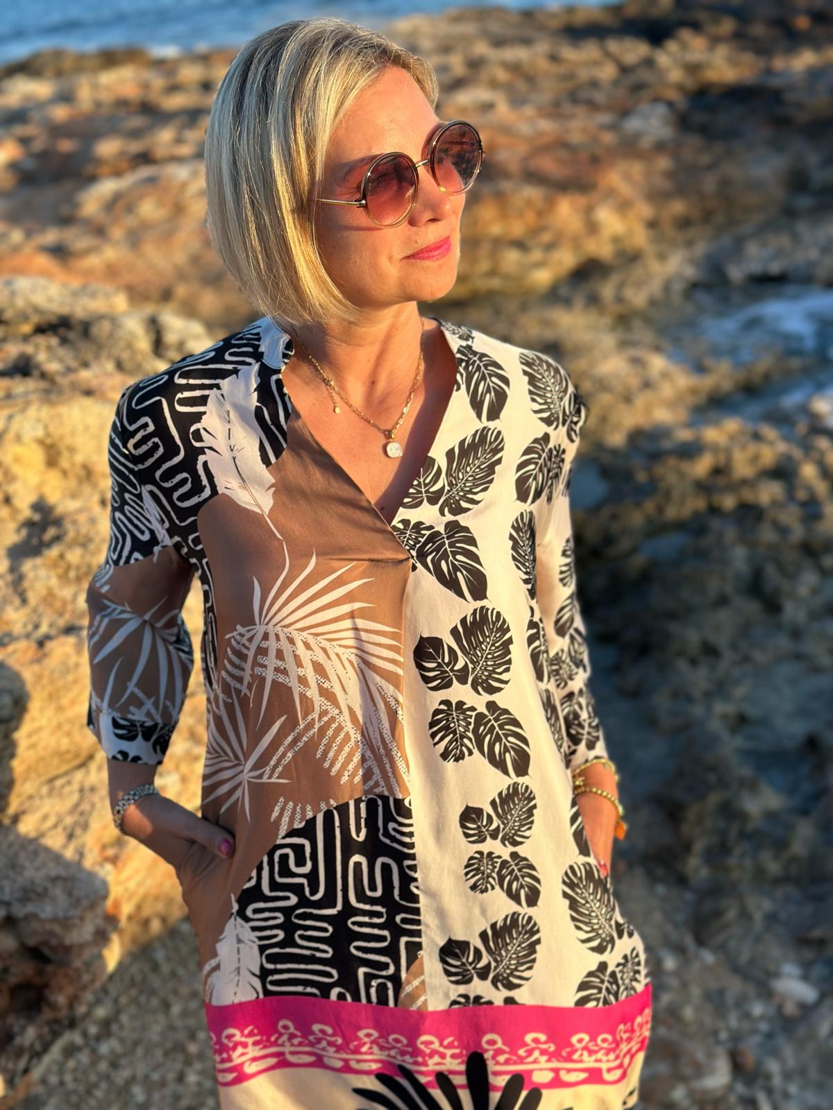 Sonnenkleid "Valentina" mit Print & Taschen - Black Palms