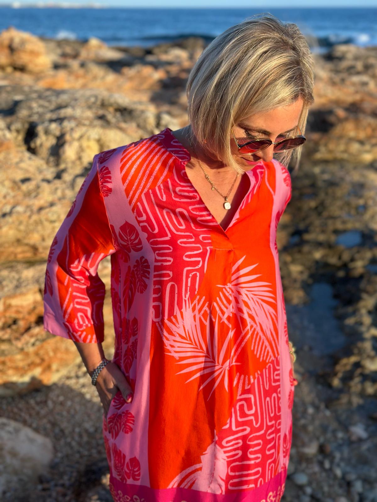 Sonnenkleid "Valentina" mit Print & Taschen - Lava Red