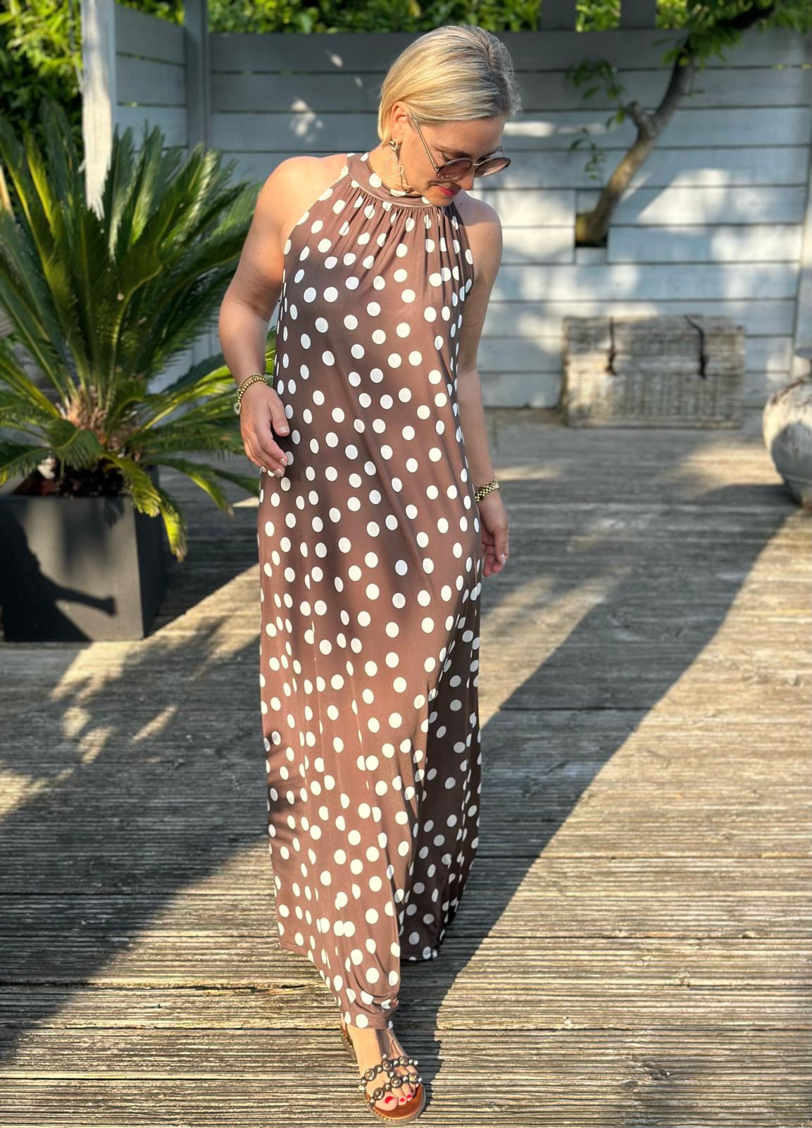 Dolce Dot Maxikleid in Braun mit weißen Punkten