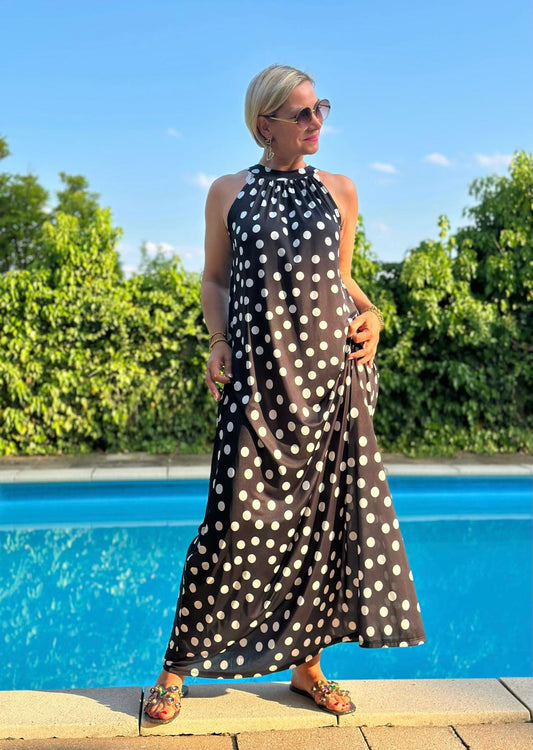 Dolce Dot Maxikleid in Schwarz mit weißen Punkten