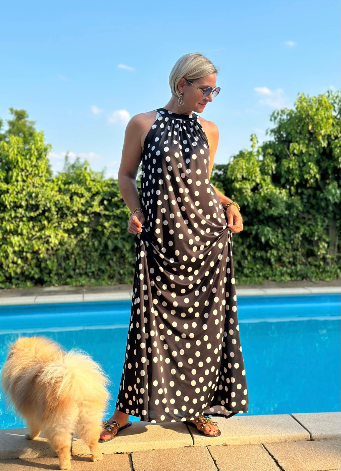 Dolce Dot Maxikleid in Schwarz mit weißen Punkten