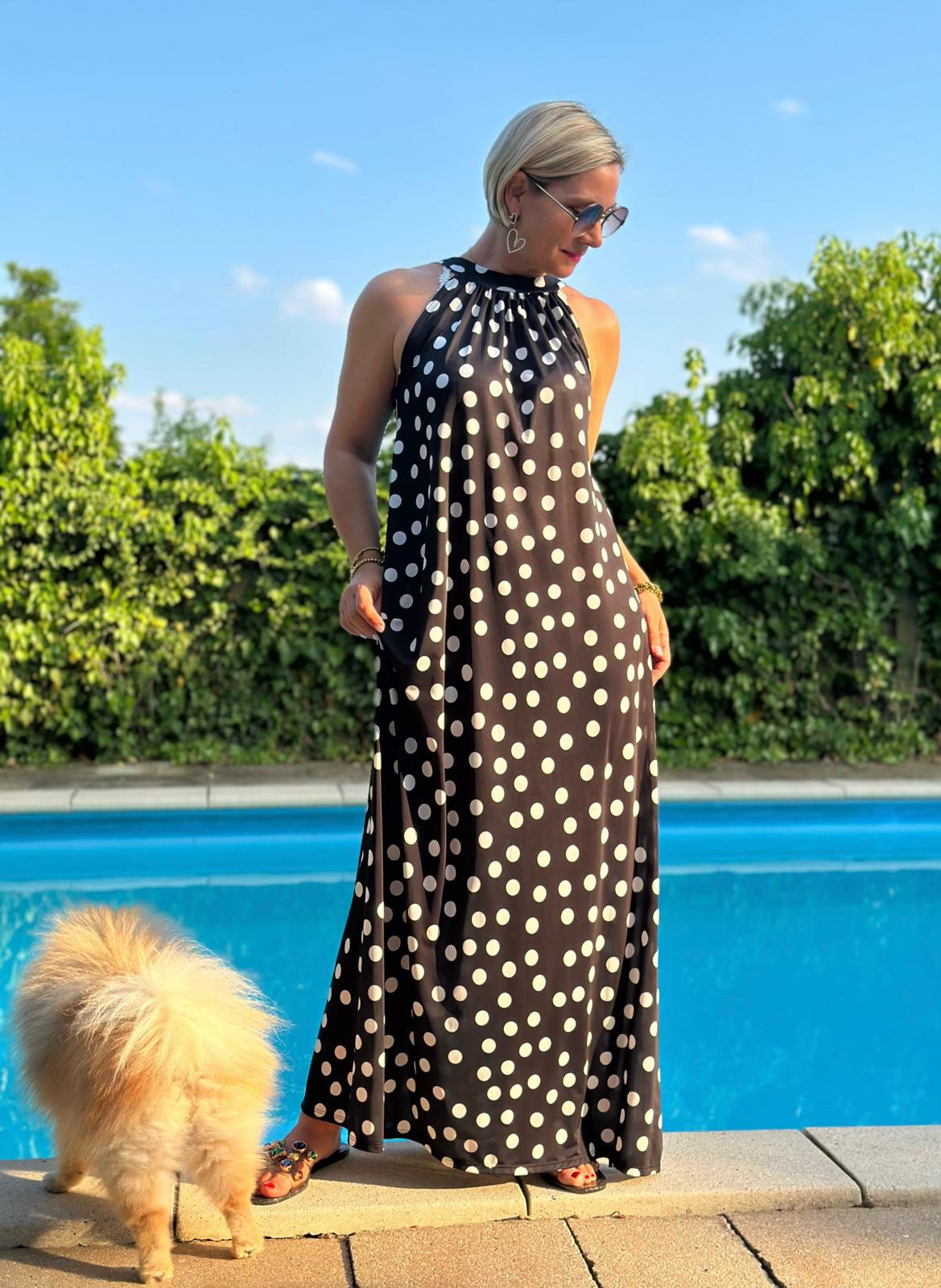 Dolce Dot Maxikleid in Schwarz mit weißen Punkten