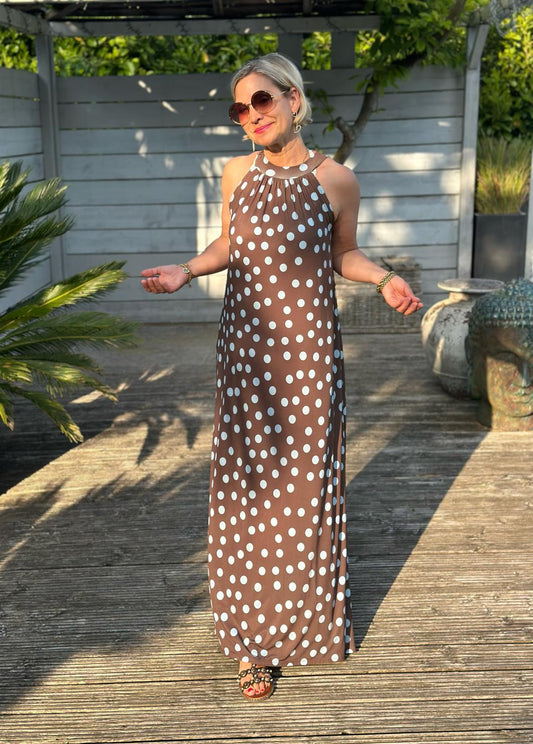 Dolce Dot Maxikleid in Braun mit hellblauen Punkten