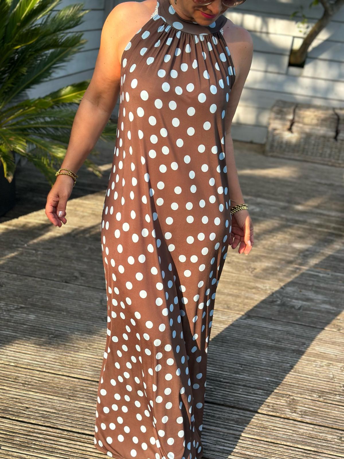Dolce Dot Maxikleid in Braun mit hellblauen Punkten