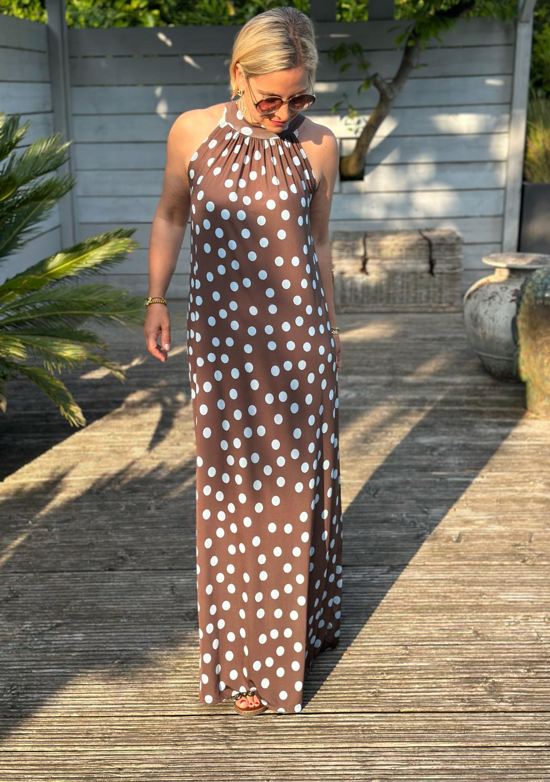Dolce Dot Maxikleid in Braun mit hellblauen Punkten