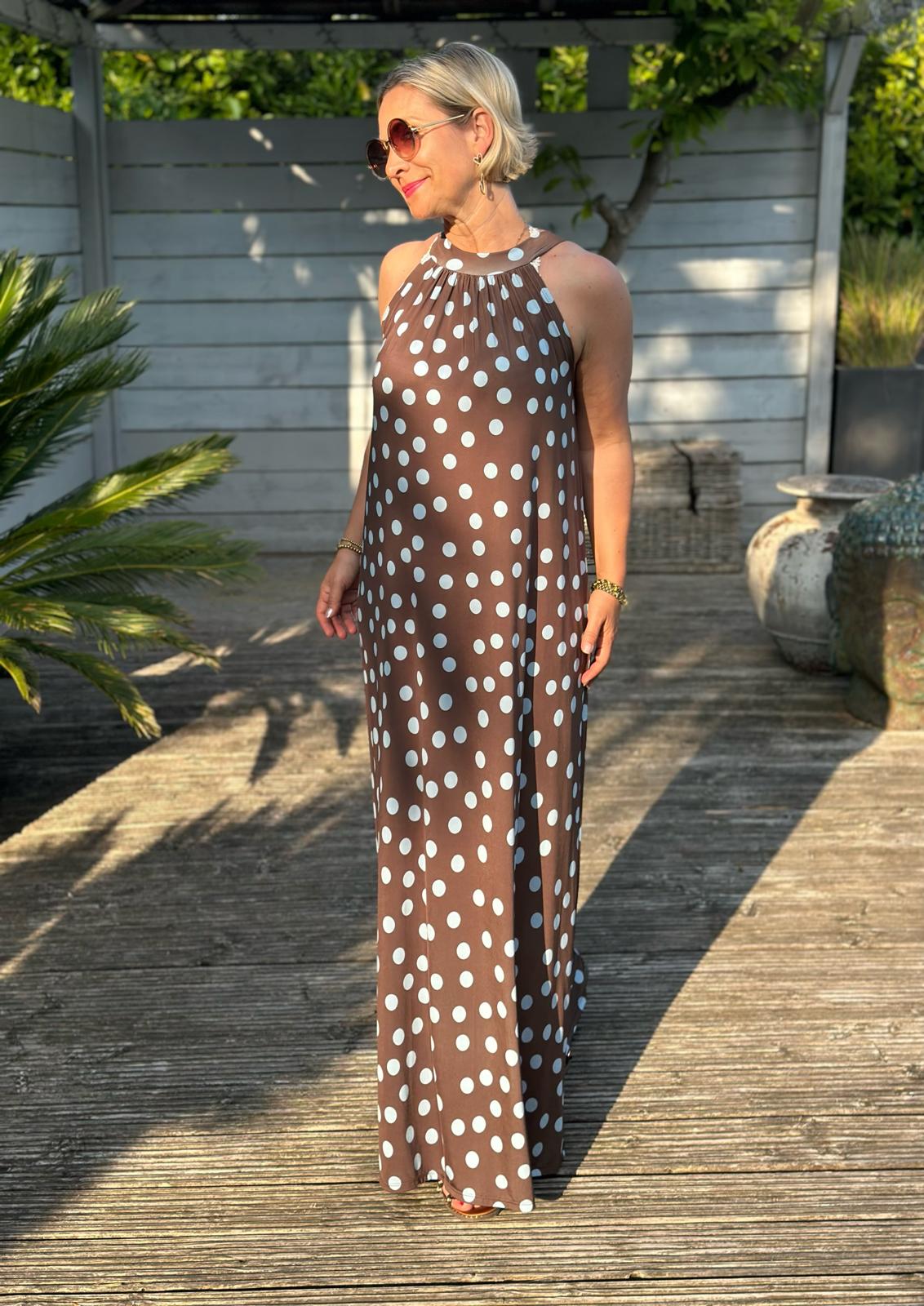Dolce Dot Maxikleid in Braun mit hellblauen Punkten