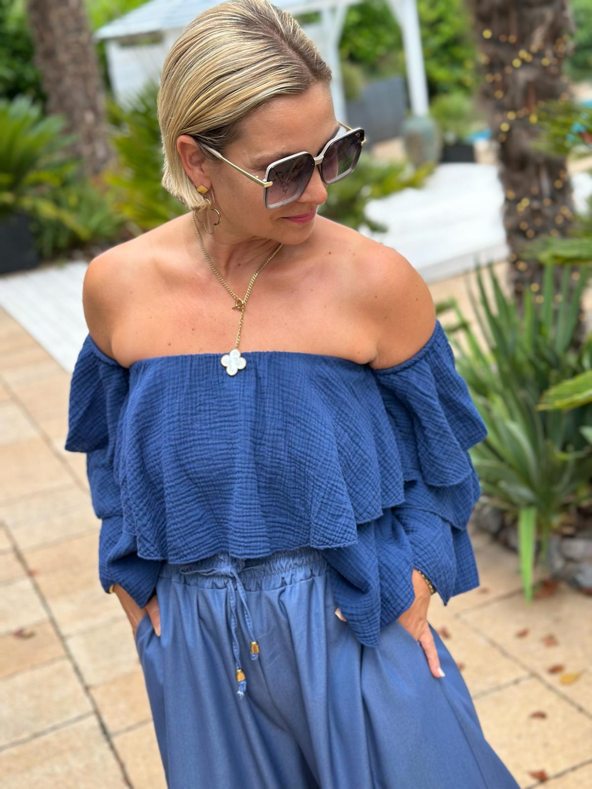 Musselin Volantbluse „Amélie“ – Royalblau