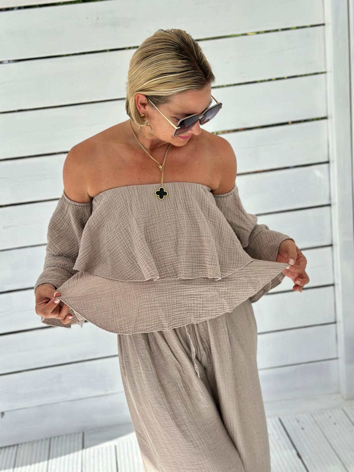 Musselin Volantbluse „Amélie“ – Taupe