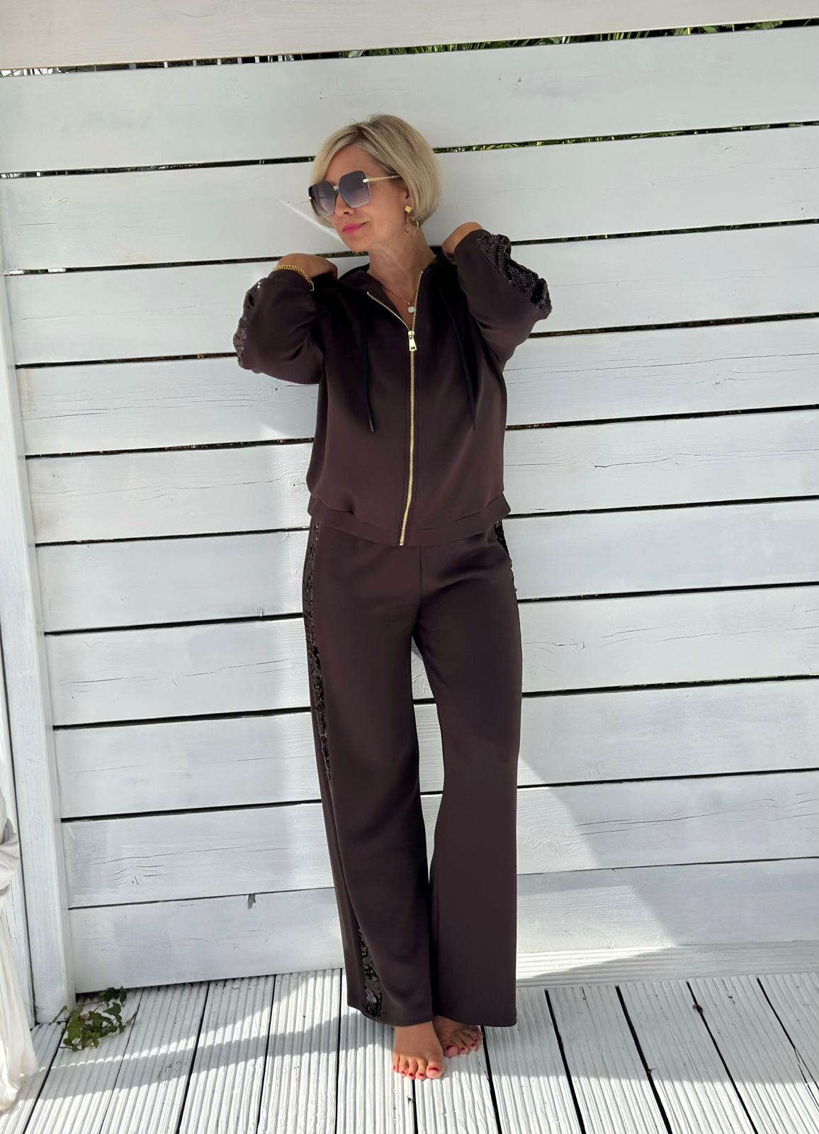 LEO & UGO Glamour-Sweatjacke in Schokobraun mit Pailletten